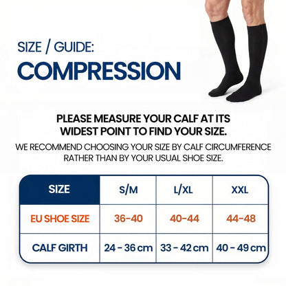 Size chart table matching shoe size and calf circumference, with a model's legs in black stockings 11