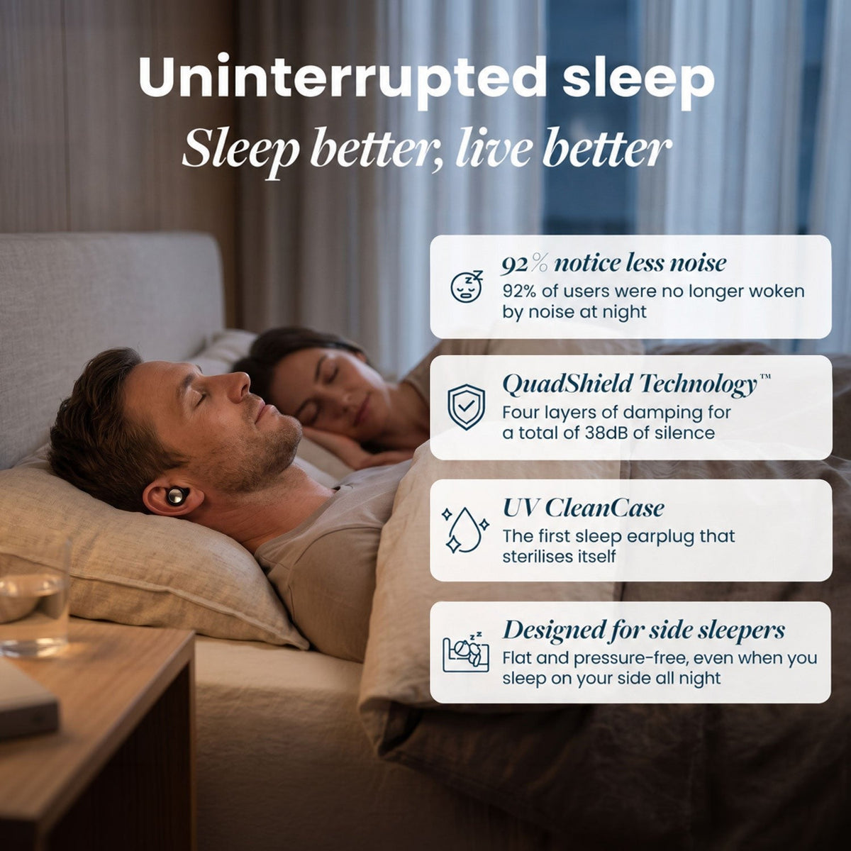 Man wearing a black earplug sleeping on his back next to a sleeping woman, with four benefit panels overlaid. 2