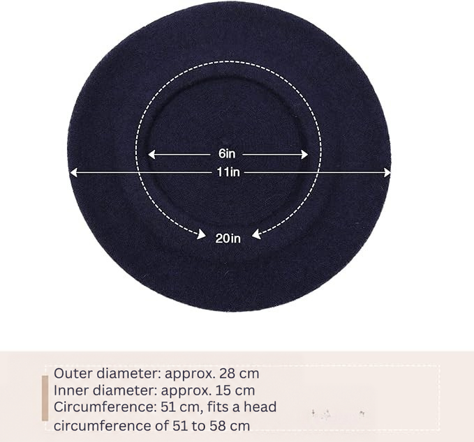 Navy beret seen from above with dotted lines marking outer diameter, inner diameter and circumference 13
