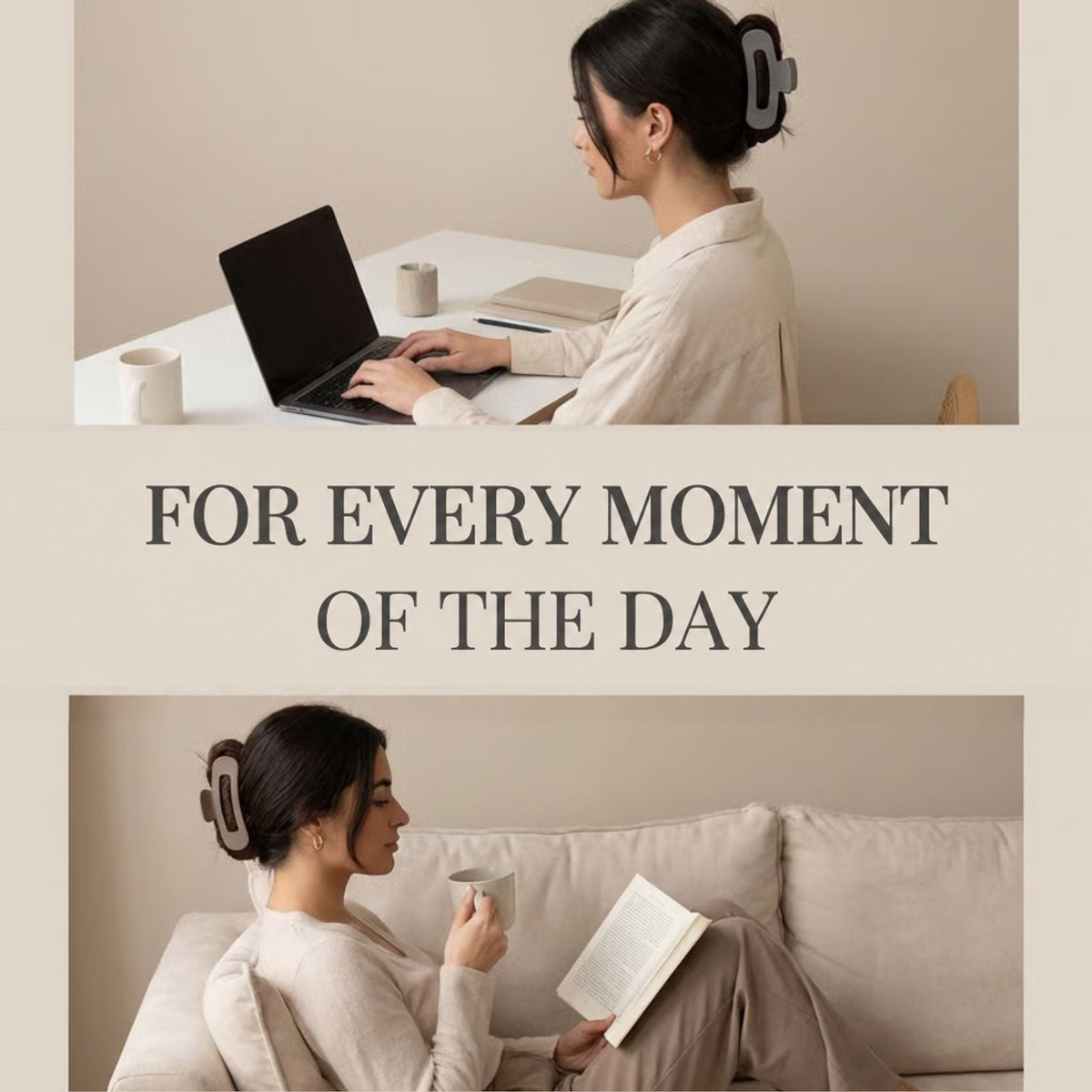 Two lifestyle shots of a woman wearing a grey clip, working at a laptop and reading on a sofa 4