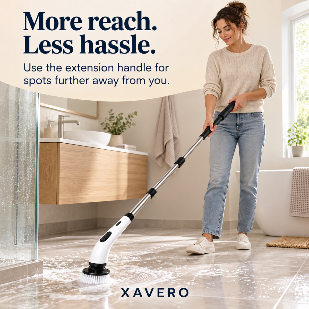 Woman in a cream jumper and jeans using the long pole to scrub a bathroom floor 8