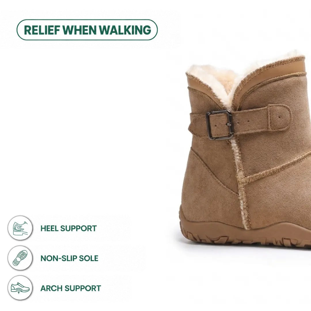 Tan suede ankle boot cropped at the heel and ankle, showing buckle strap, fleece collar and chunky sole 22