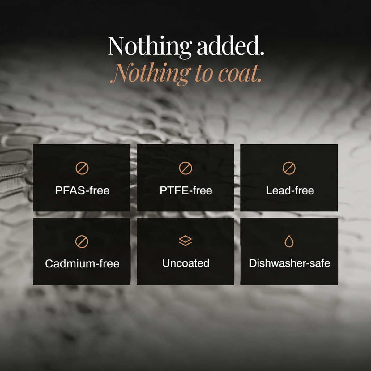 Close-up of hammered pan texture behind six icons listing what the cookware is free from and its dishwasher safety 3