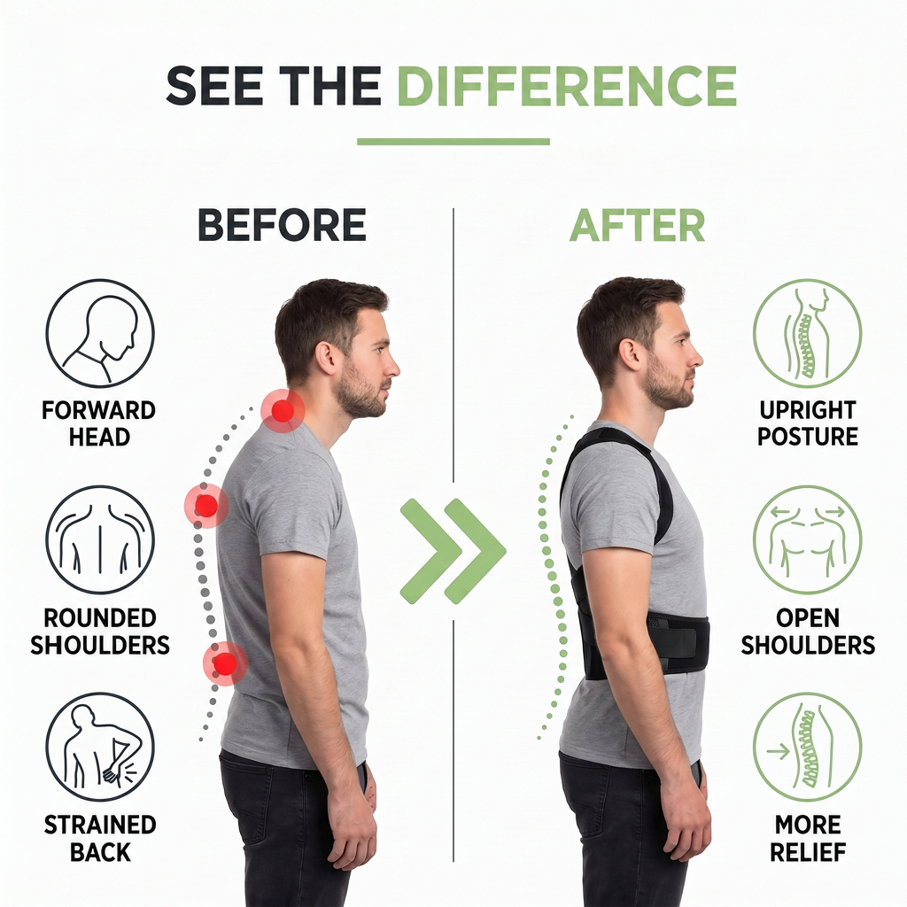Before-and-after comparison of a man's side profile, slouched without the brace and standing upright wearing it, with icons. 3