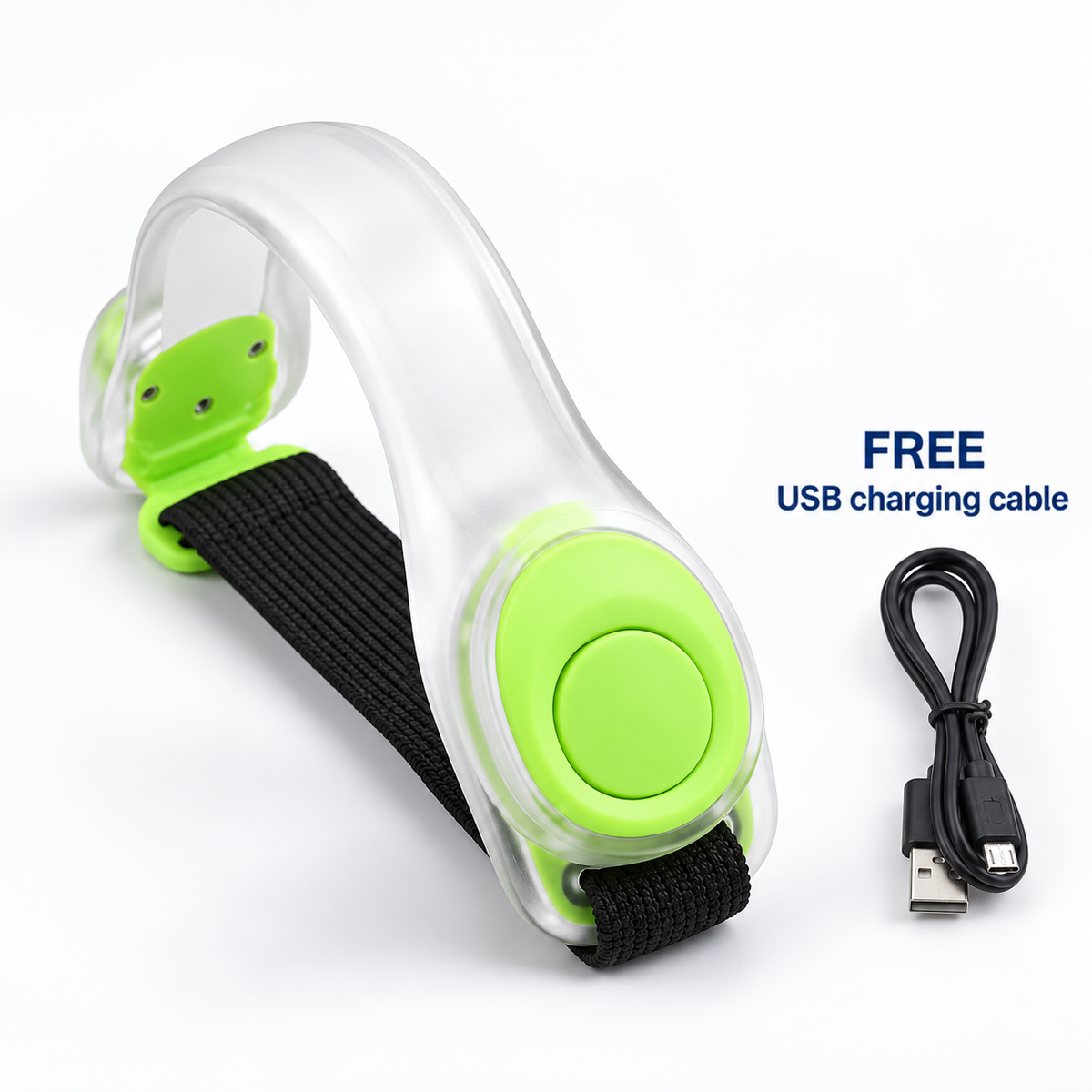 Translucent armband with lime green buttons and black elastic strap, shown beside its black USB charging cable 11