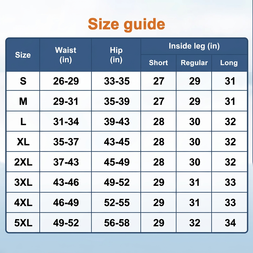 Size guide table in centimetres listing waist, hip and short, regular and long inside leg for sizes S to 5XL 20