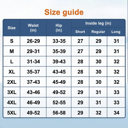 Size guide table in centimetres listing waist, hip and short, regular and long inside leg for sizes S to 5XL 20