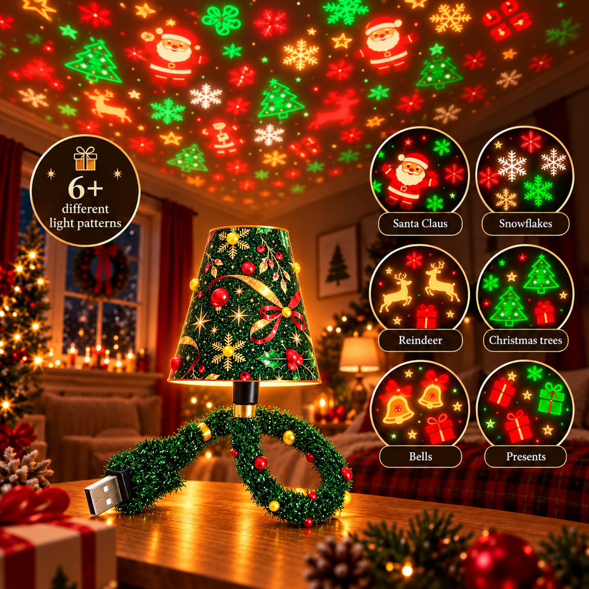 Lamp on a table projecting red and green festive shapes overhead, with six circles previewing the different light pattern themes. 4
