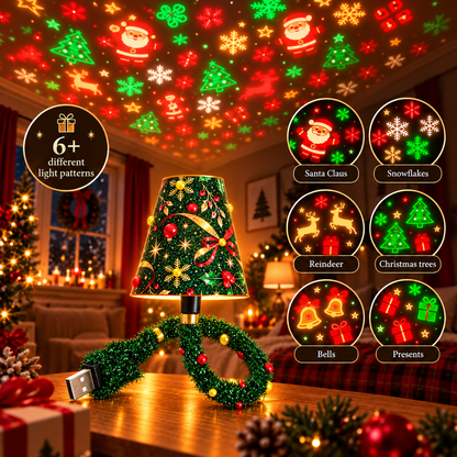 Lamp on a table projecting red and green festive shapes overhead, with six circles previewing the different light pattern themes. 4