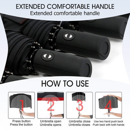 Close-up of the black rubberised handle and button, with four steps showing how to open and close 8