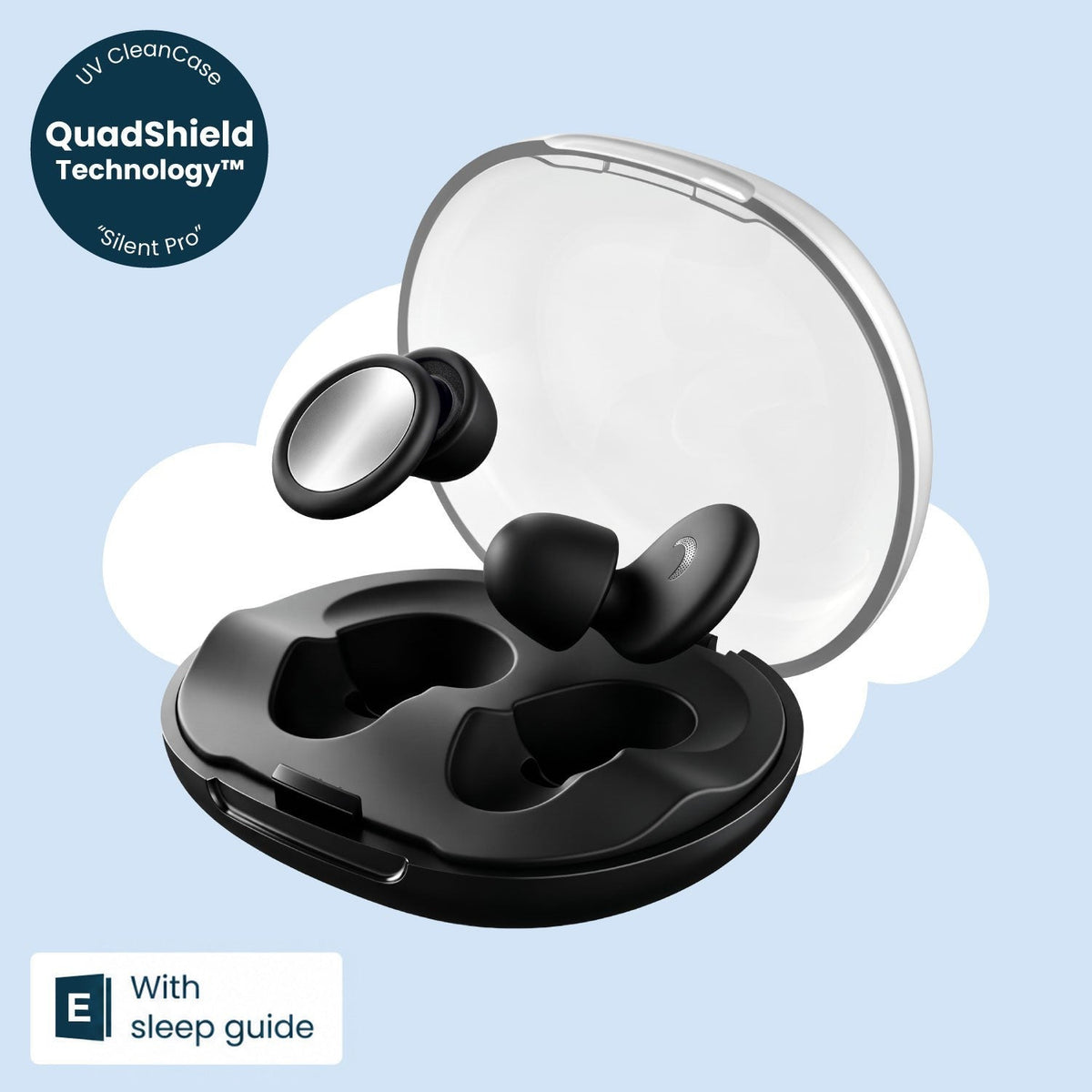 Pair of black sleep earplugs with silver round faces beside an open clear-lidded black charging case, on a pale blue cloud backdrop. 1