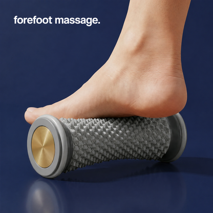 Ball of a bare foot pressing down on the roller's hexagonal studded surface 4