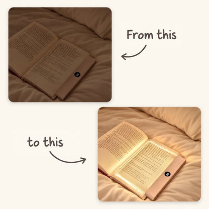 Before-and-after comparison of a book on a duvet, unlit and then lit by the panel 3