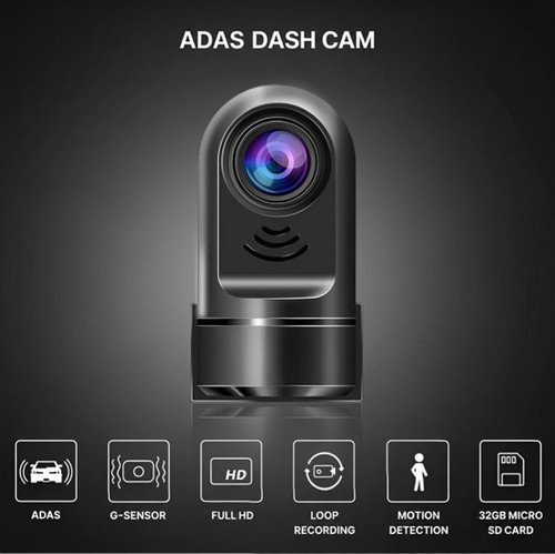 Black dash cam on a dark background with a row of icons listing its main features 2