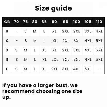 Size chart table matching cup sizes B to F with band measurements and clothing sizes 11