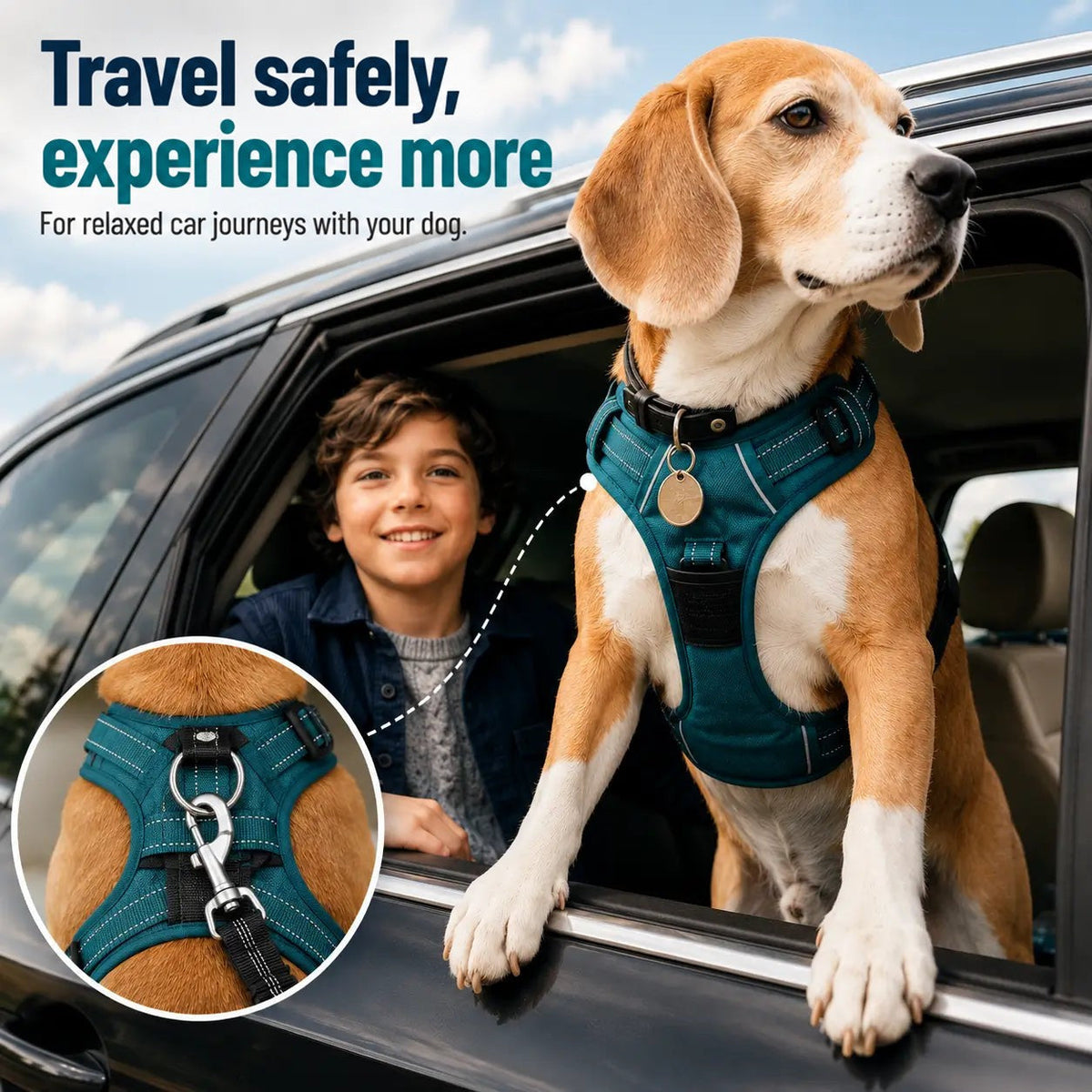 Beagle in a teal harness resting its paws on a car window, a smiling boy behind and a close-up of the clip 8