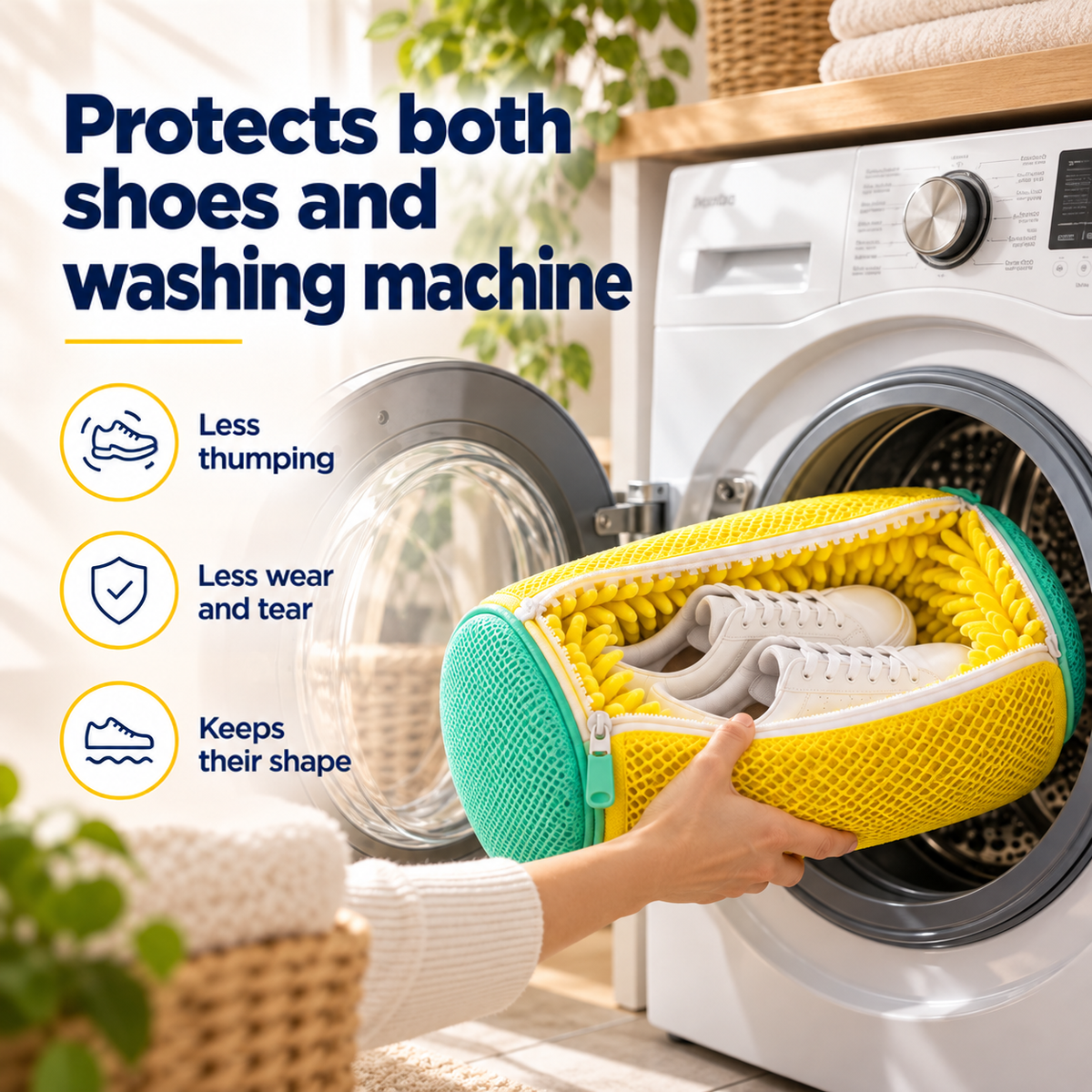 Hand sliding the zipped yellow and teal shoe bag with white trainers into an open washing machine drum 3