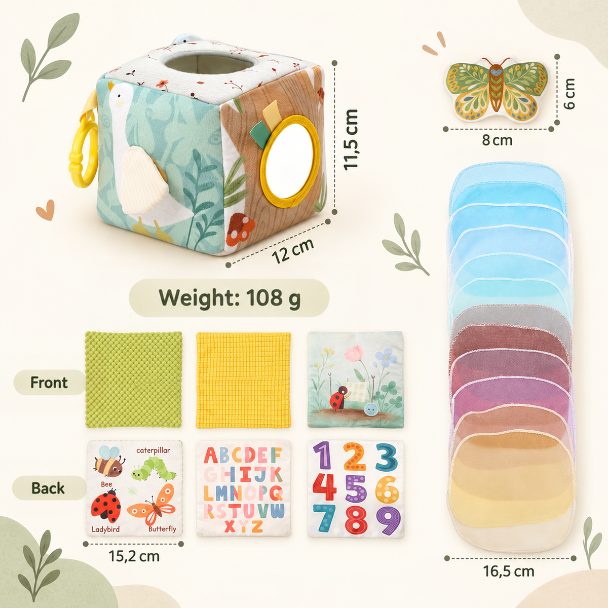 Cube, butterfly squeaker, textured squares with fronts and backs, and sheer scarves shown with size and weight details 5