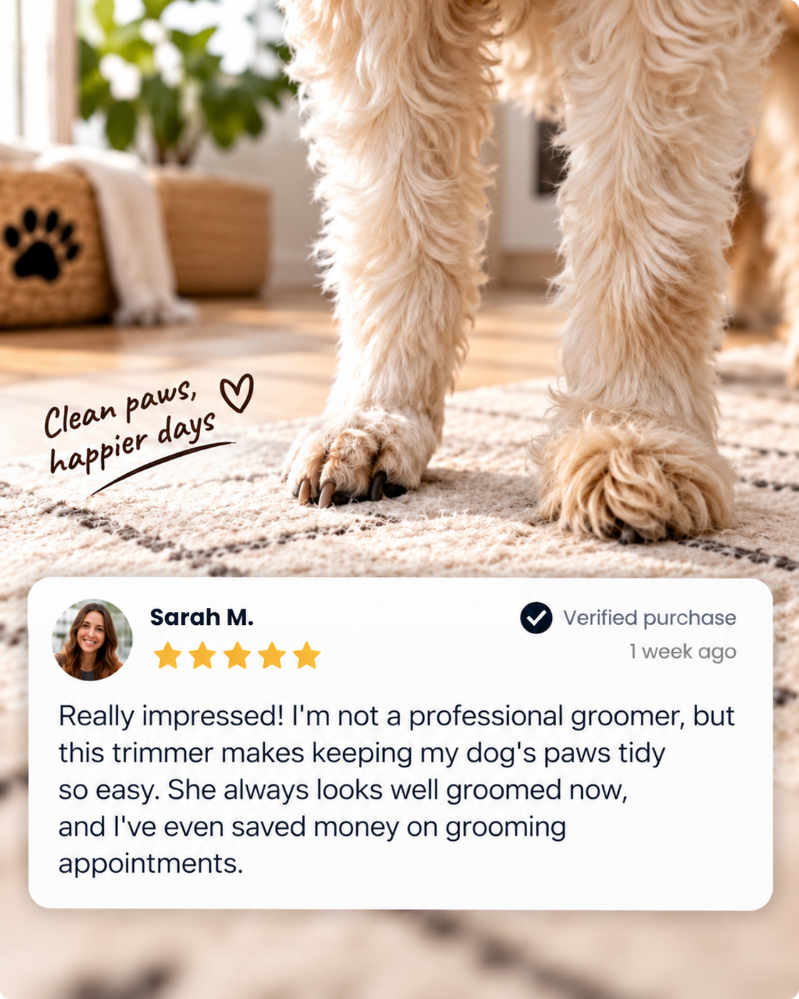 Fluffy cream dog's front paws on a rug, with a customer review card below 9