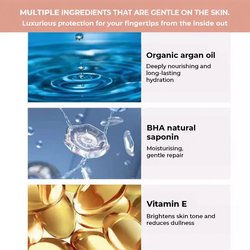 Three ingredient panels showing a water droplet, a clear bubble and golden capsules, with German captions 4