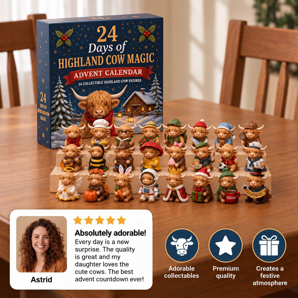 Navy gift box standing behind all 24 costumed Highland cow figures arranged on wooden steps, beside a customer review 1