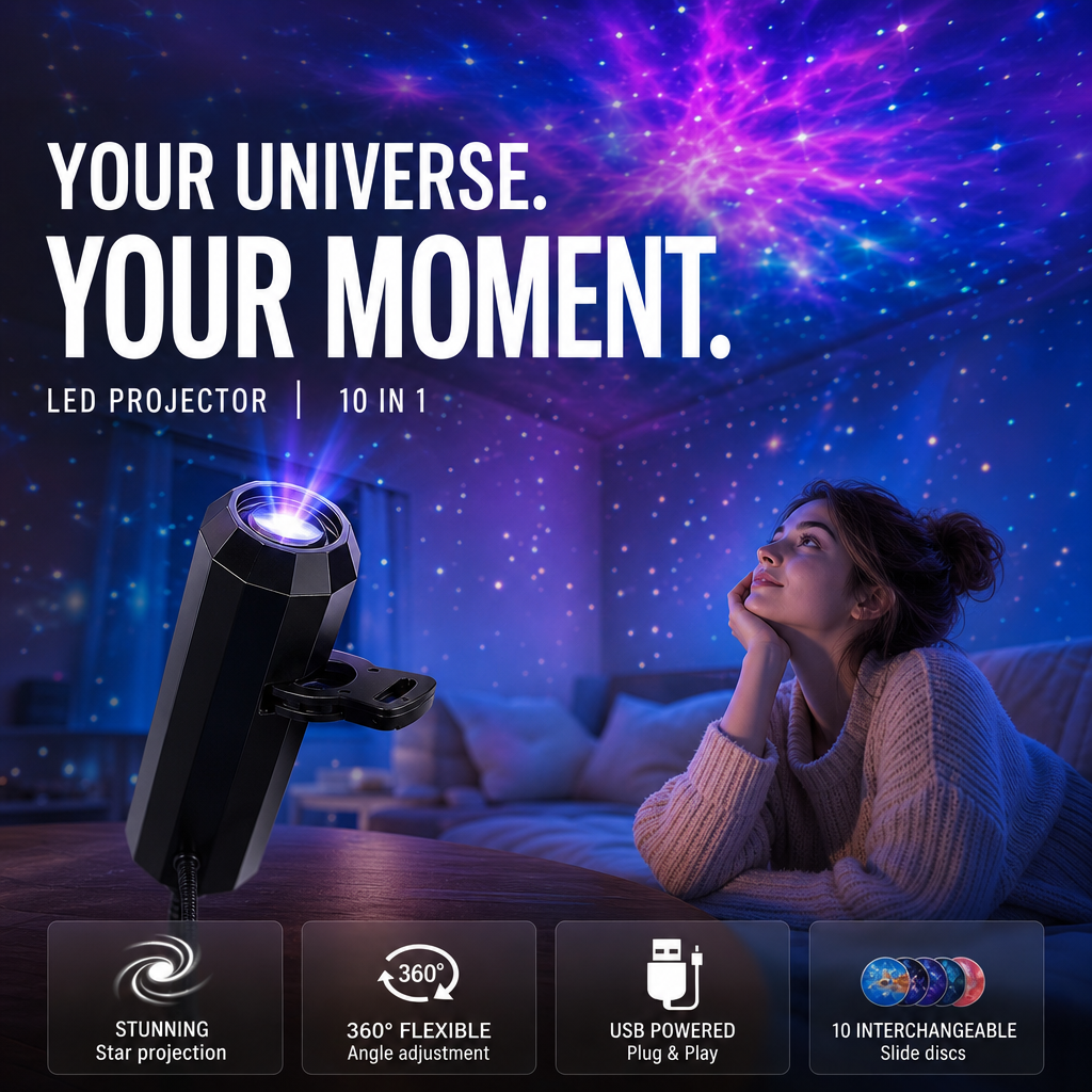 Black faceted projector on a table beaming purple stars across the ceiling while a woman looks up 2