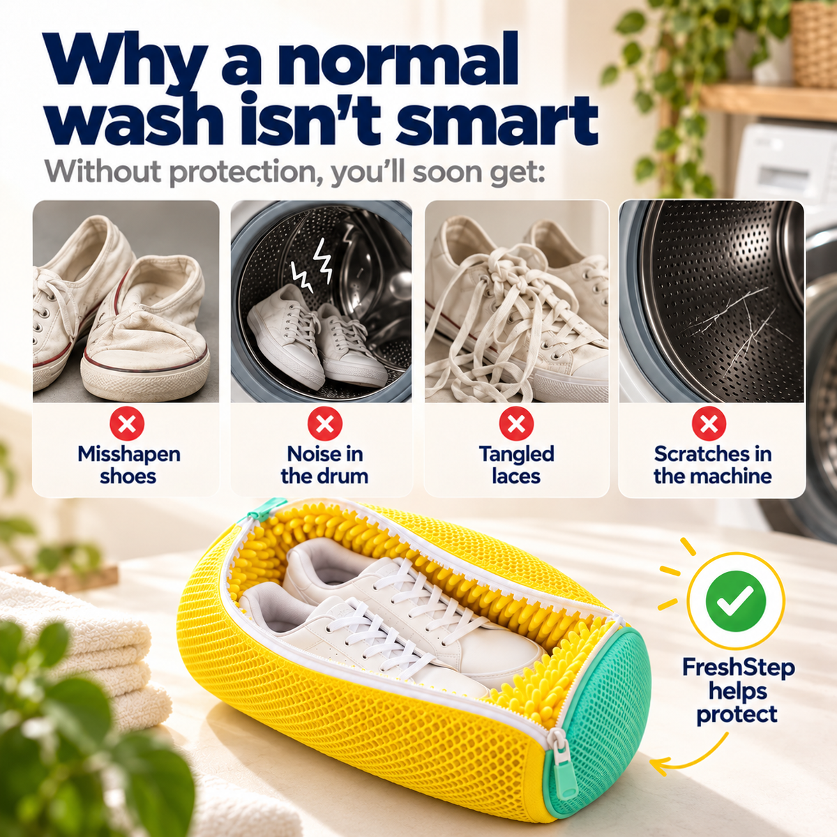 Comparison of problems from unprotected washing, with the open yellow shoe bag holding white trainers below 2