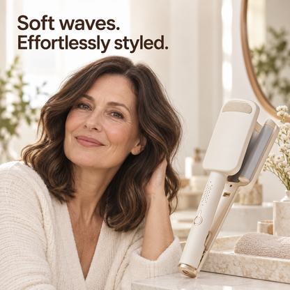 Smiling woman with soft brown waves beside the cream wave iron on a marble bathroom counter 1