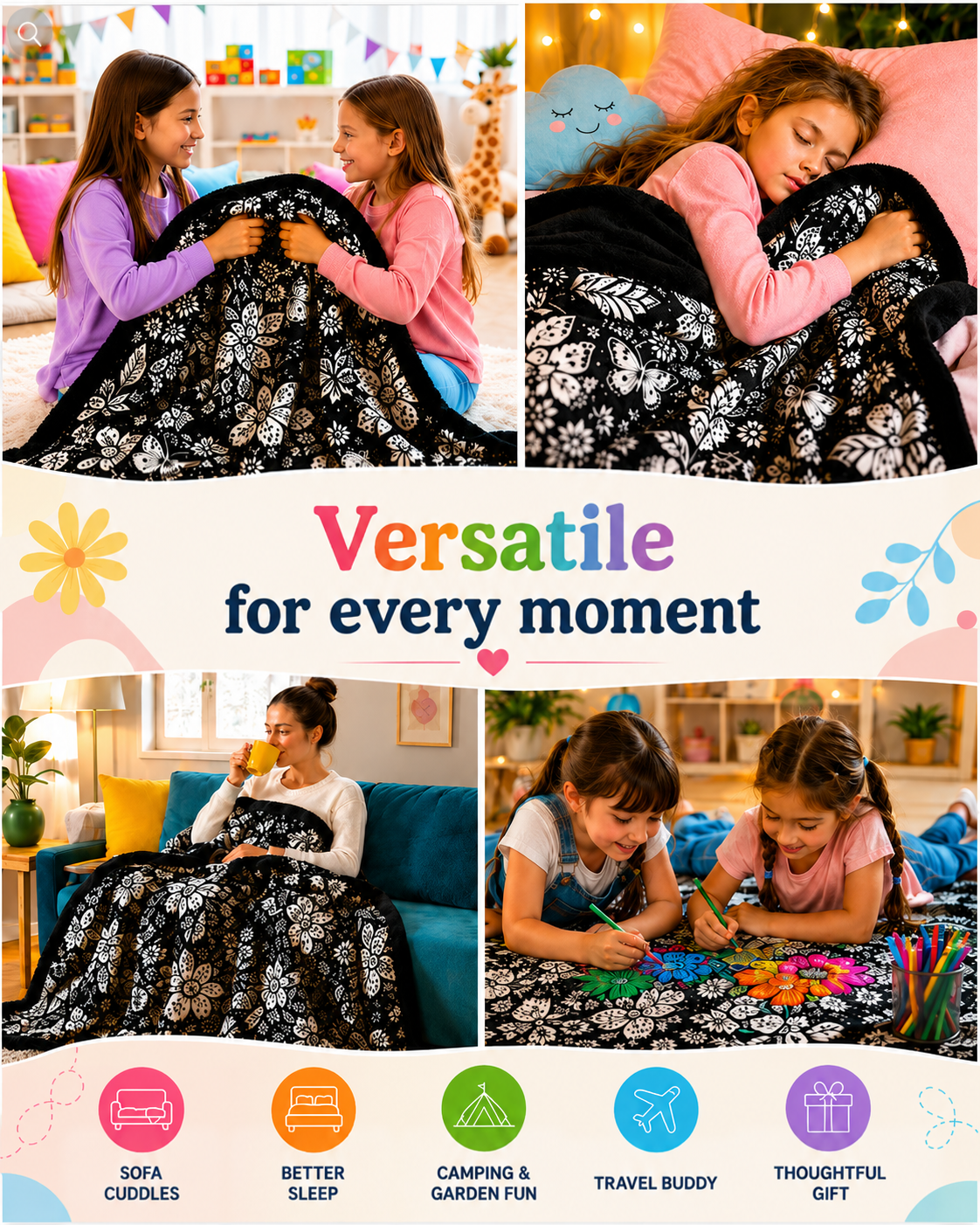 Collage of the blanket in use: girls cuddling, a child sleeping, a woman on a sofa, children colouring 5