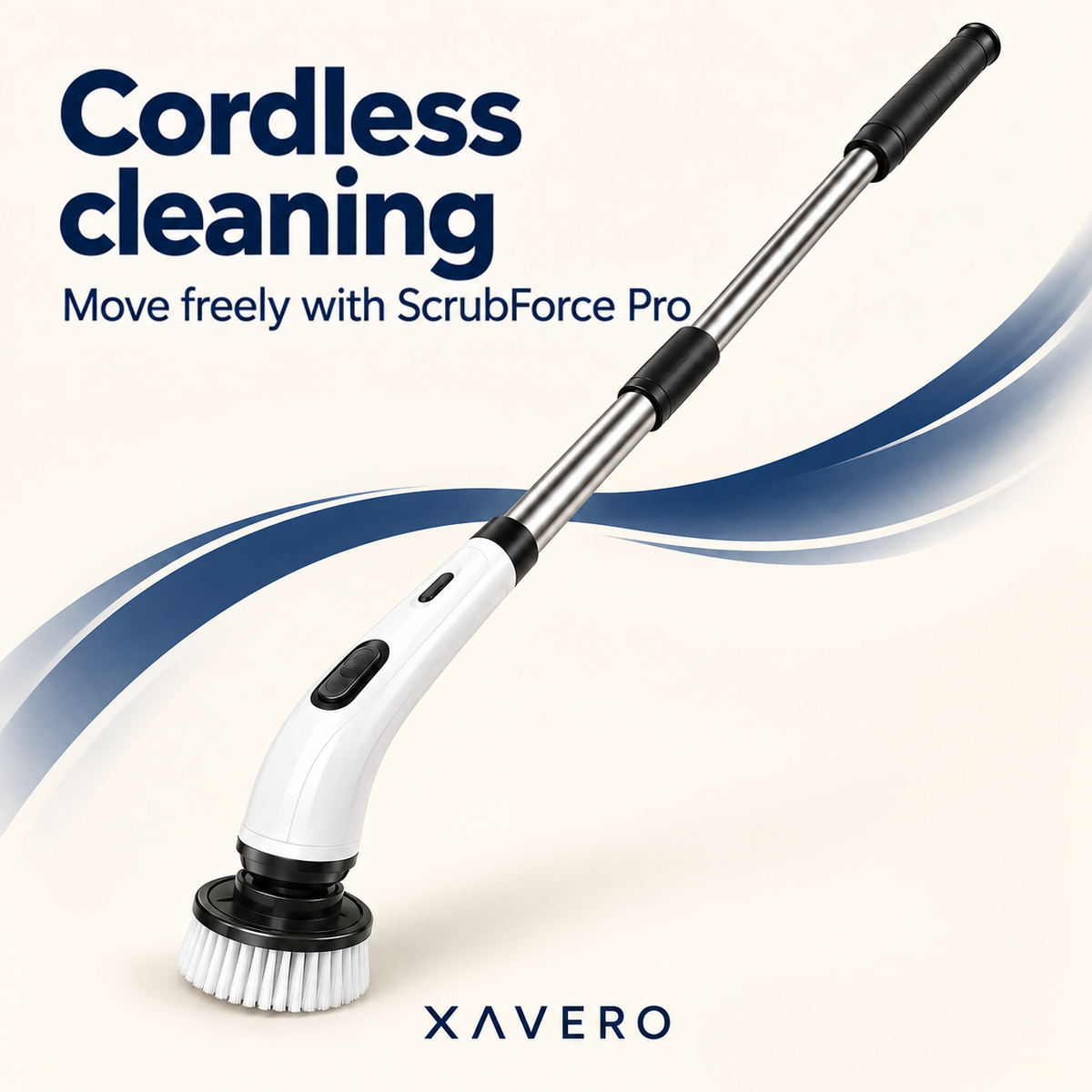 Scrubber with extended pole and bristle head against a cream background with a swooping blue wave 9