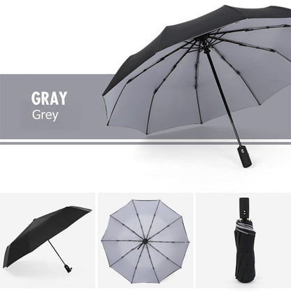 Umbrella with black outer canopy and grey underside, shown open, from below and folded 6