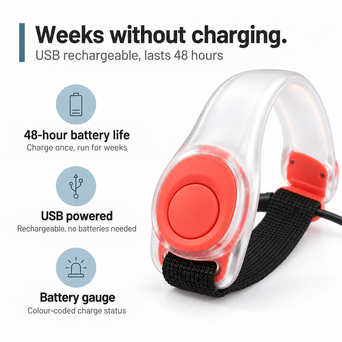 Armband with red buttons and black elastic strap, charging cable attached, beside battery and USB feature icons 5