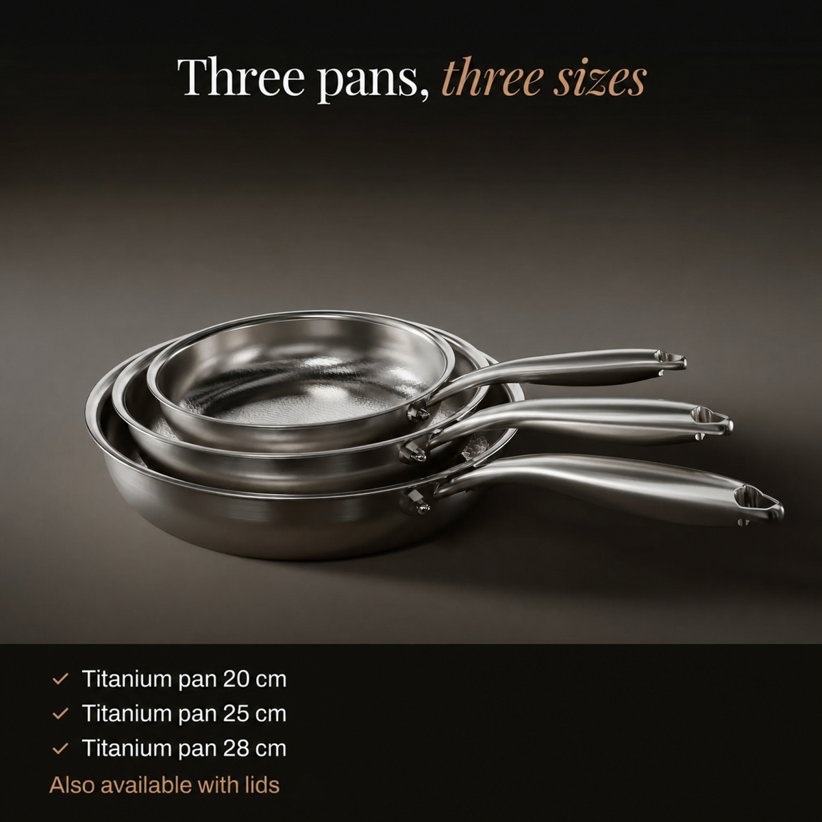 Nested trio of frying pans in small, medium and large sizes, with a list of the three diameters 2