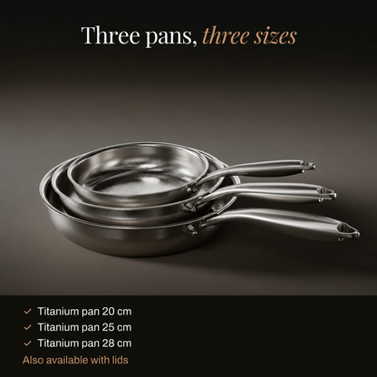 Nested trio of frying pans in small, medium and large sizes, with a list of the three diameters 2