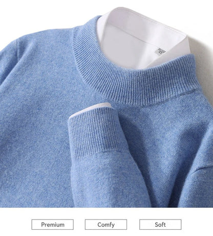 Close-up of the ribbed mock neck and cuff on a blue jumper, with white shirt underneath 4