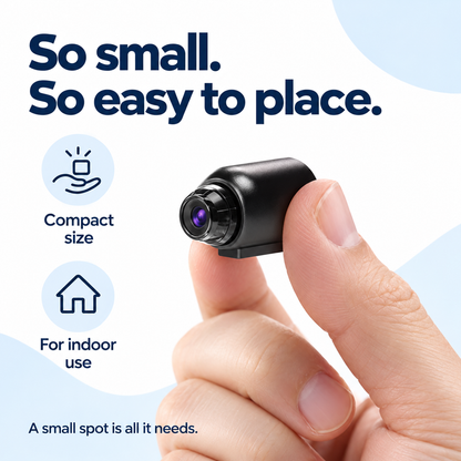 Close-up of the small black camera pinched between two fingertips to show how compact it is 3