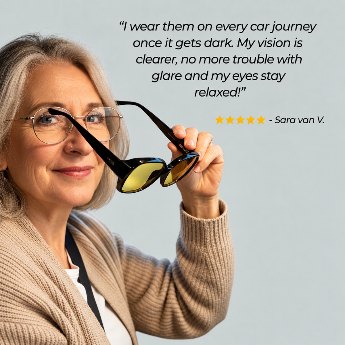 Smiling woman wearing round wire-framed spectacles holds up oversized black yellow-lensed glasses beside a five-star customer review. 8