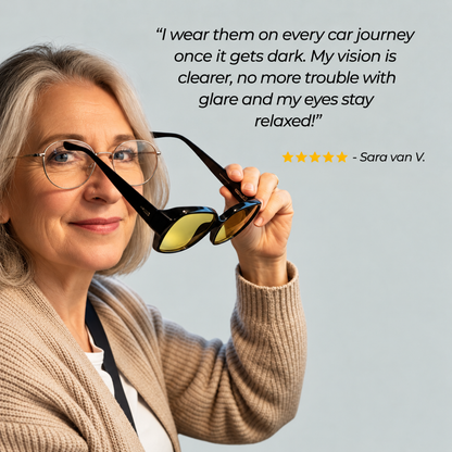 Smiling woman wearing round wire-framed spectacles holds up oversized black yellow-lensed glasses beside a five-star customer review. 8