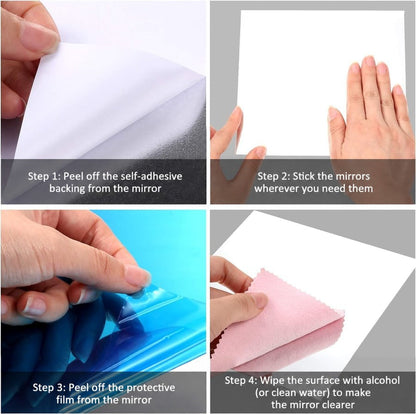 Four-step fitting guide showing the backing peeled, sheet pressed on, protective film removed and surface wiped with a cloth 9