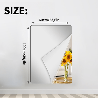 Wider tall rectangular mirror sheet with a peeled corner revealing sunflowers, with its width and height dimensions marked. 14