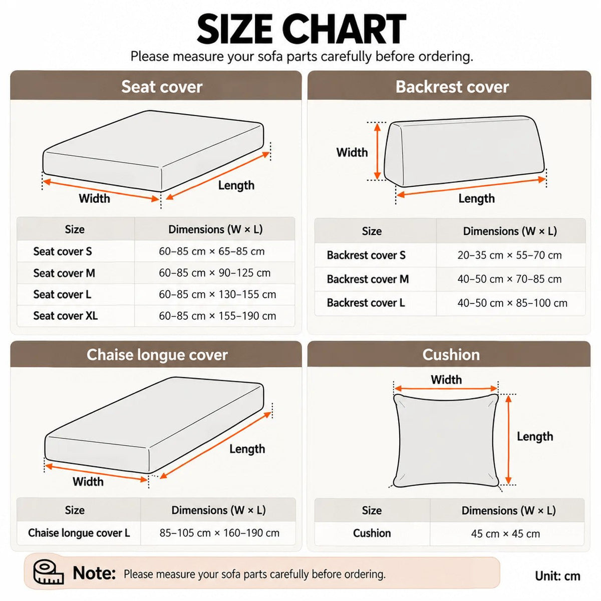 Size chart diagrams for seat, backrest, chaise and cushion covers with measurement ranges 17