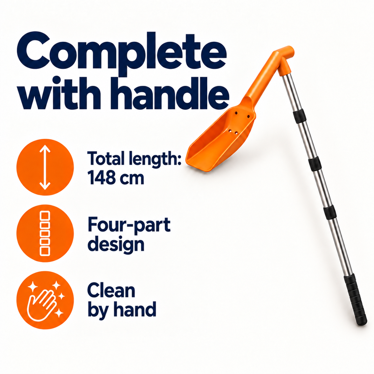 Complete scoop and four-section steel pole on white, beside icons for length, sections and hand washing 5