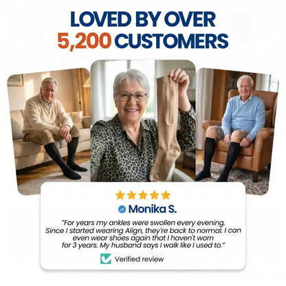 Collage of three smiling customers wearing or holding the stockings, with a five-star review below 9