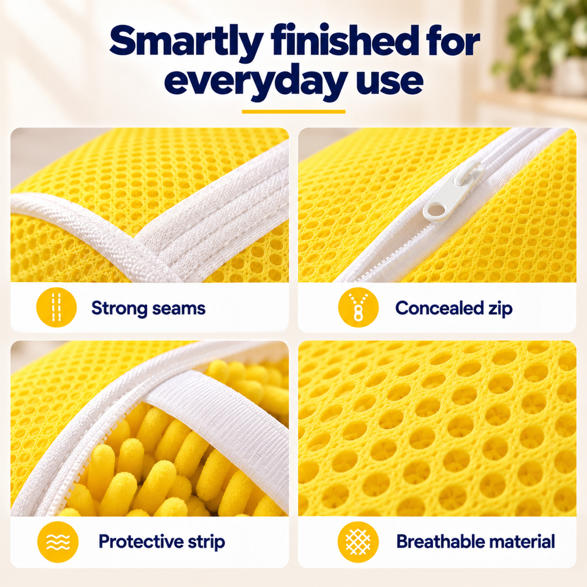 Four close-ups of the yellow mesh bag: stitched seams, hidden zip, protective strip and breathable mesh 7