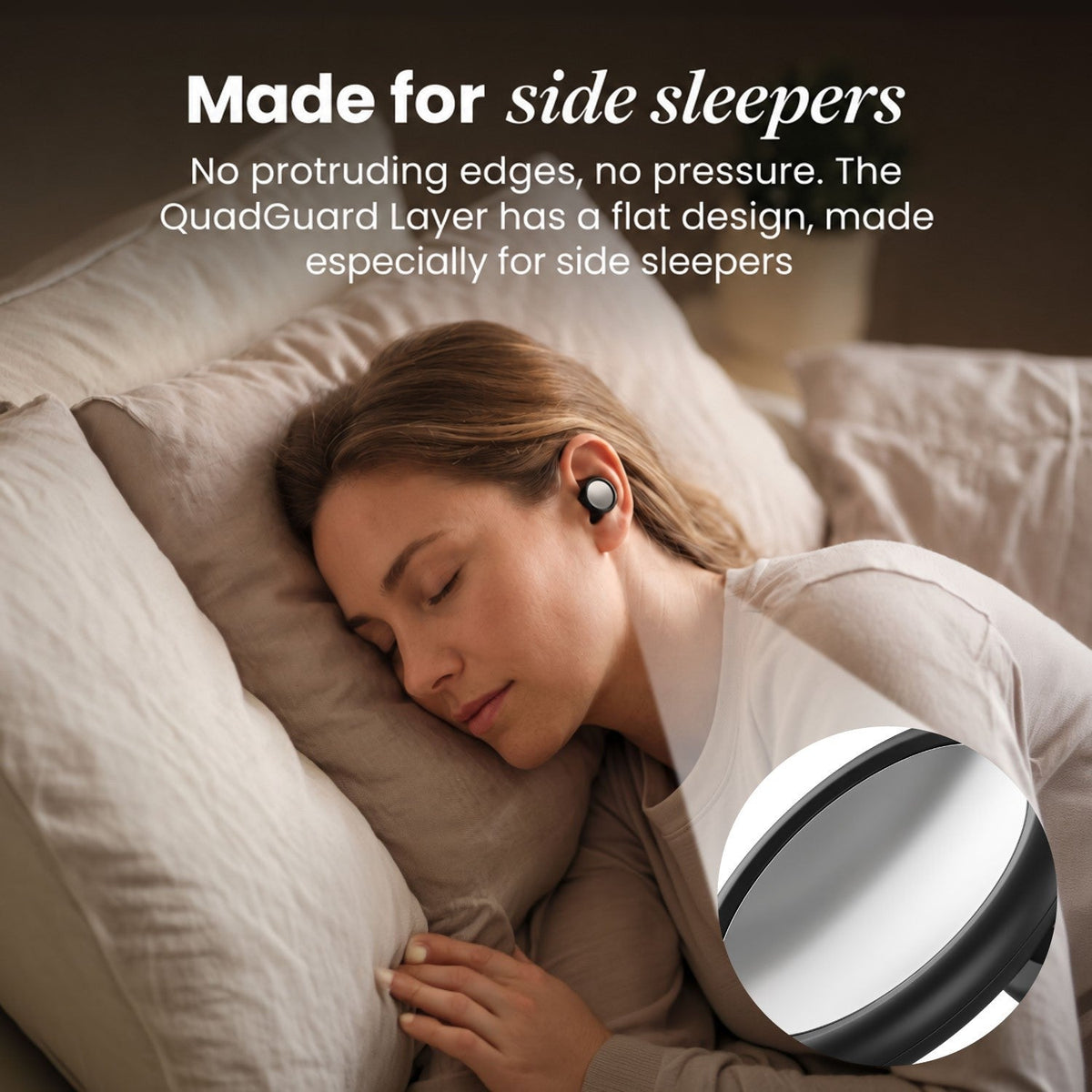 Woman sleeping on her side wearing a black earplug with a flat silver face, with a close-up circle and German text about side sleepers. 15
