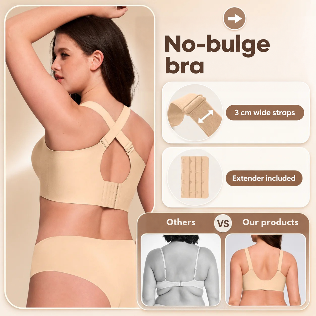 Back view of the beige bra with crossed straps and hook fastening, plus strap and extender close-ups 3