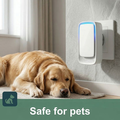 Ioniser with a blue glow plugged into a wall socket while a golden retriever sleeps on a rug below 2