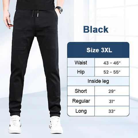 Model in black trousers with a size 3XL chart showing waist, hip and inside leg in inches 9
