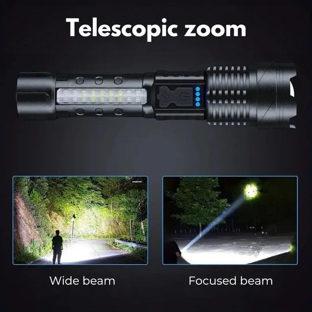 Torch lying on its side above two examples of wide beam and focused beam lighting outdoors 5