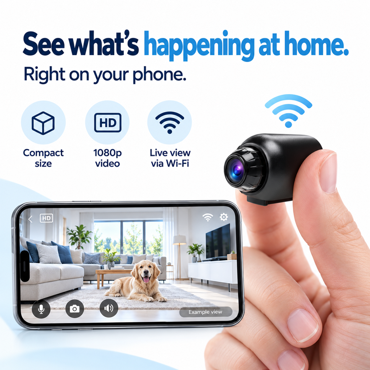 Tiny black camera held between finger and thumb beside a phone showing a live living-room view with a dog 1